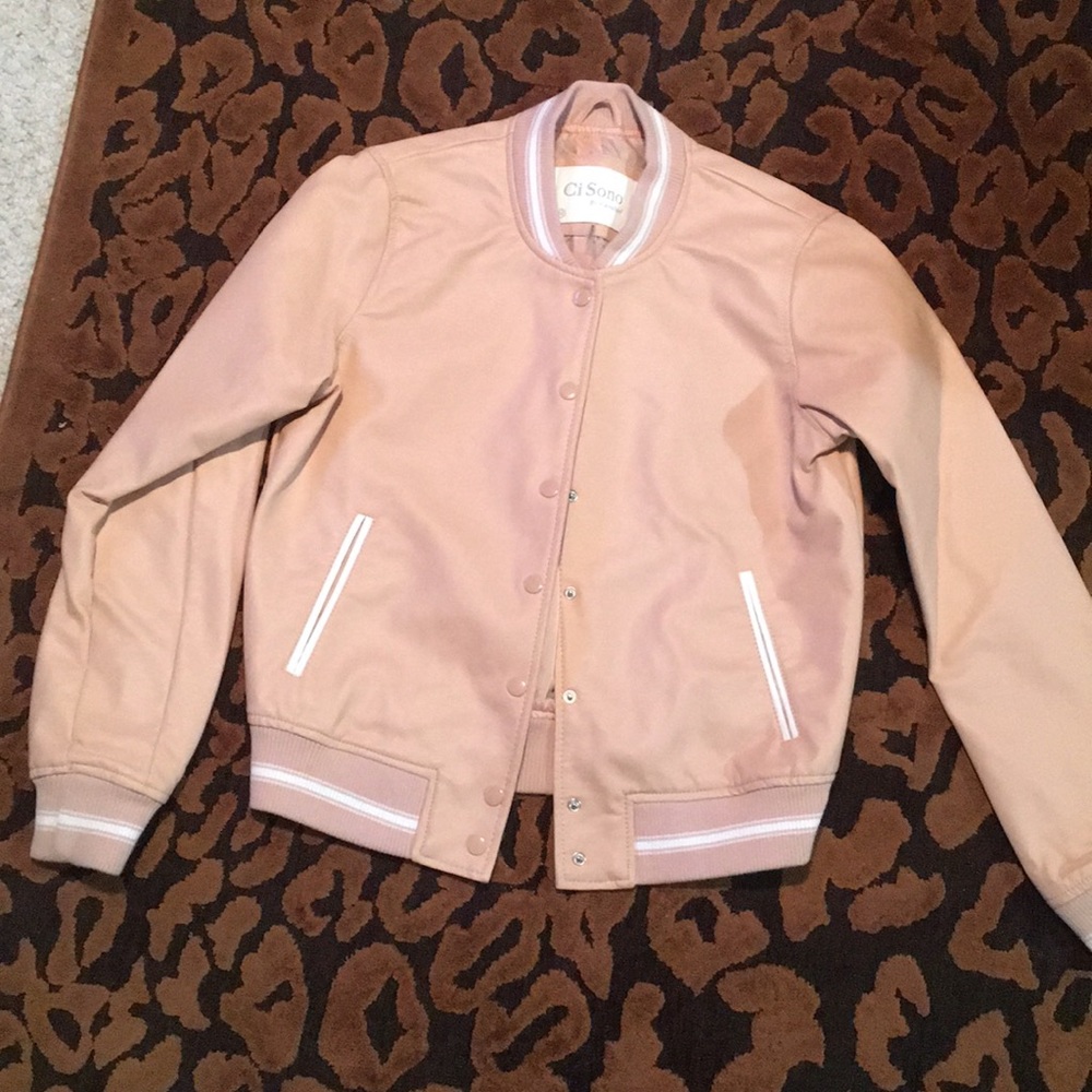 Light mauve pink letterman’s jacket